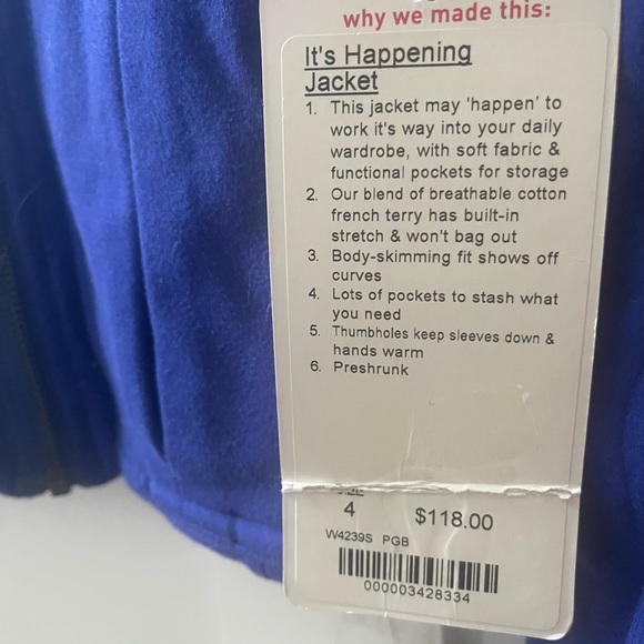 NavyBlue LuluLemon Fall/Winter Jacket Size 4 (small).Never used.Tags attached. - Picture 3 of 4